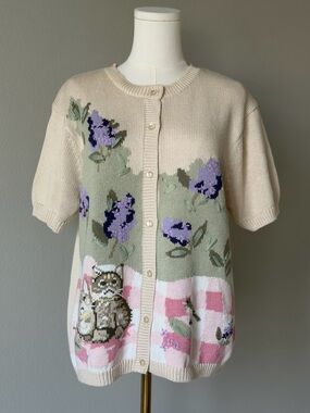 Vintage Northern Reflections Floral Cat Short Sleeve Cardigan Medium Grandmacore